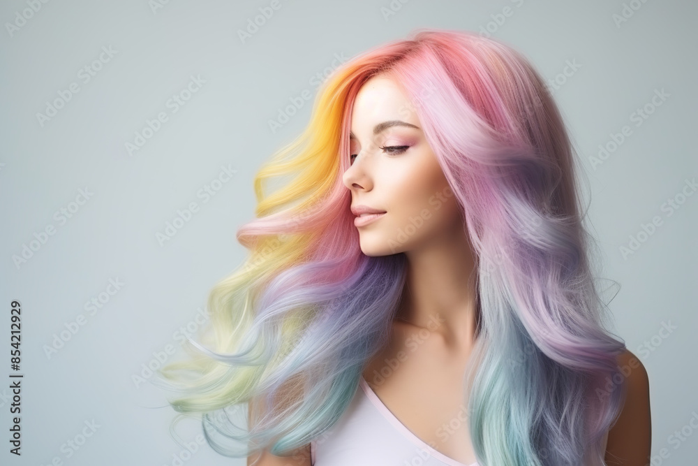 Beautiful caucasian woman with long hair in pastel rainbow colors, portrait, gray background Beautiful caucasian woman with long hair in pastel rainbow colors, portrait, gray background