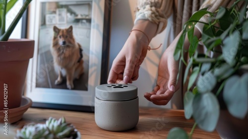 AI Stock Image. A man holds an urn with the ashes of his beloved dog. photo