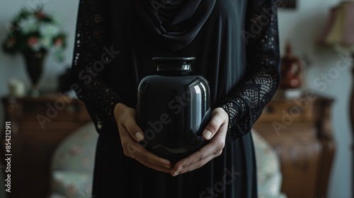 A woman in mourning clothes holds a black funeral urn. Stock Artificial Intelligence.