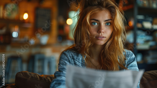 close up shot woman rereading and ratifying a paper document serving as a written contract photo