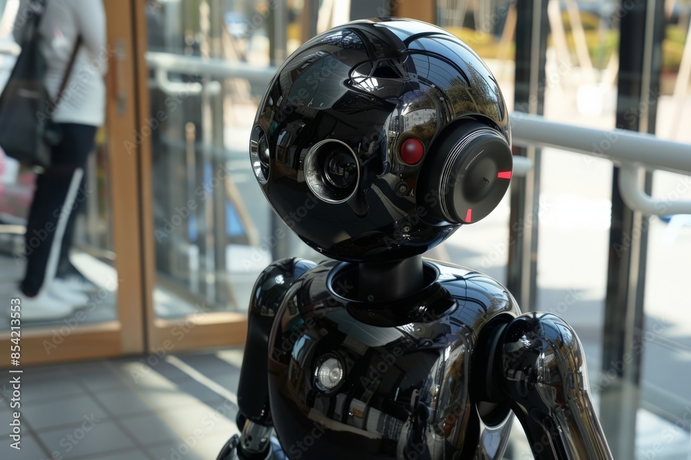 A contemporary robot with a glossy black exterior and single red eye, suggesting advanced technology A contemporary robot with a glossy black exterior and single red eye, suggesting advanced technology