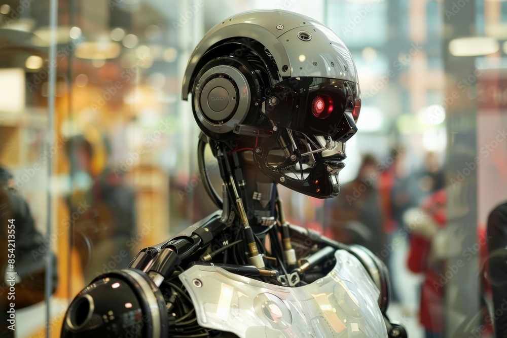Close-up image highlighting the head of a robot with illuminated red eye, against a blurred background Close-up image highlighting the head of a robot with illuminated red eye, against a blurred background