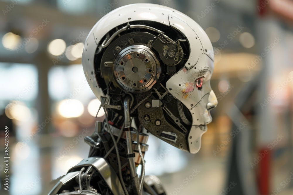 A highly detailed image focusing on the head of a humanoid robot, showcasing mechanical components A highly detailed image focusing on the head of a humanoid robot, showcasing mechanical components