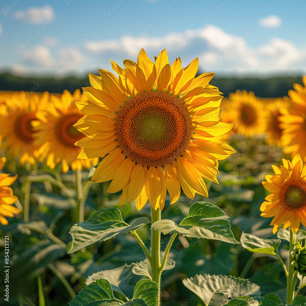 Fototapeta premium Panoramic sunflower field, blossoms reaching towards sun, blue sky background. Concept agricultural