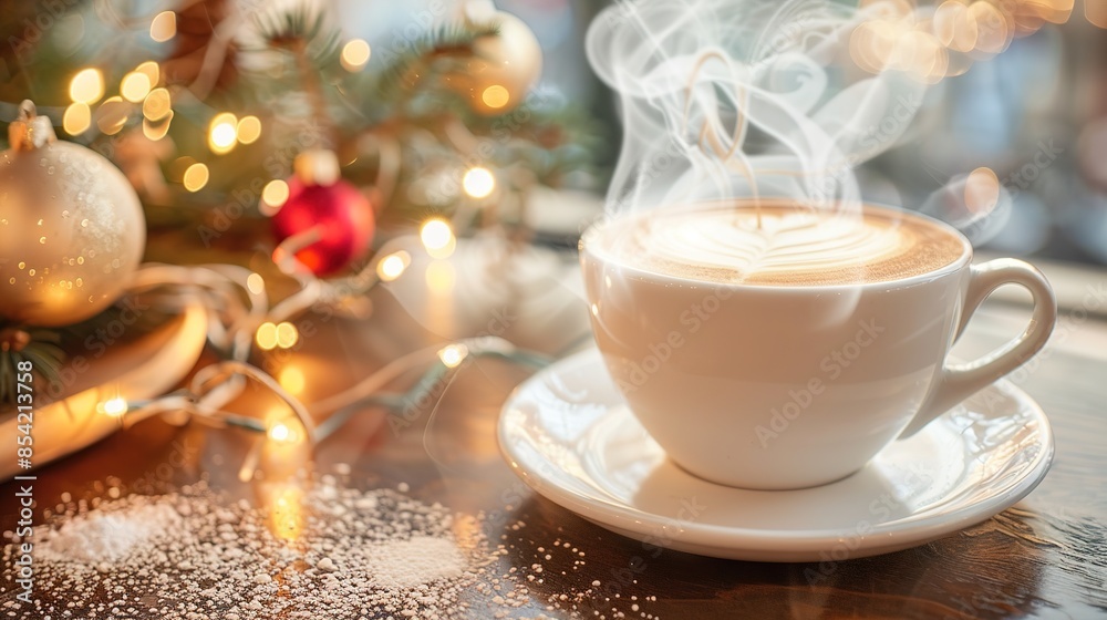 steam gently rising from a cappuccino cup on a festive morning, capturing the serene holiday mood with a background of blurred twinkling Christmas lights