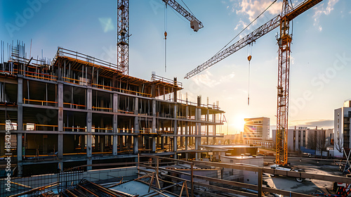construction site for a large building with a clear blue sky background