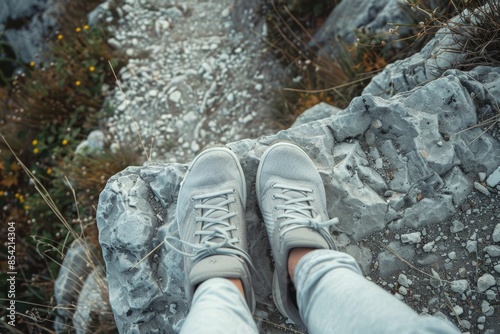 close up of legs in light sneakers, sports shoes. Climb uphill, walk on rocks. Journey, © Al