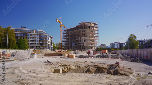 construction site for a large building with a clear blue sky background