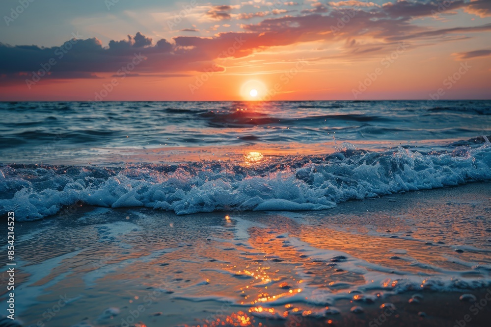 Beautiful sunset over sea with foreground waves and colorful sky Beautiful sunset over sea with foreground waves and colorful sky
