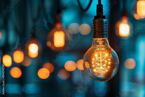 A close-up of a lit Edison light bulb with visible filaments against a bokeh of lights