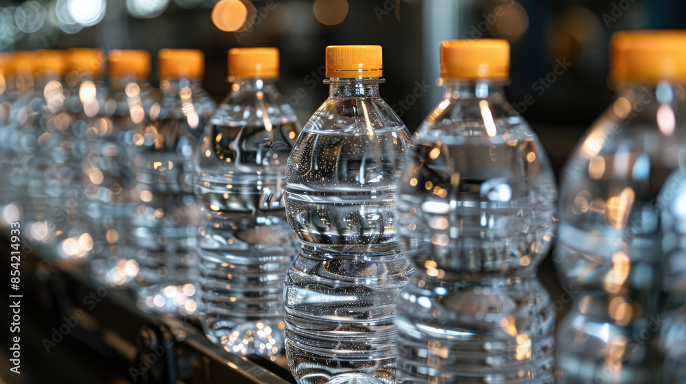 close-up of plastic bottles of mineral water on a production line close-up of plastic bottles of mineral water on a production line