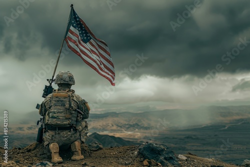 This is a concept artwork that shows a soldier in front of an American flag. The soldier is holding a gun and is facing the flag. The painting shows the soldier standing in front of the flag. It is a photo