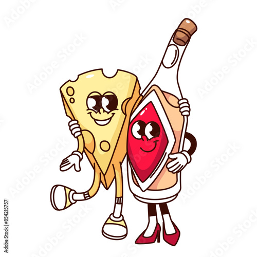 Groovy cheese and wine bottle cartoon characters hugging. Funny retro love hugs of cheese and drink couple, picnic and romantic date mascot, cartoon sticker of 70s 80s style vector illustration