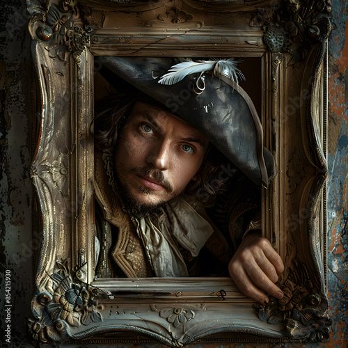 A living painting. A French musketeer, a medieval nobleman in an old doublet with a hat, emerges from an old painting hanging on the wall. photo