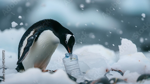 Environmental pollution, penguin looking and tasting empty plastic bottle lying in snow in Antarctica, garbage in nature, wildlife conservation concept