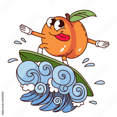 Groovy peach surfer cartoon character surfing on ocean wave. Funny retro fruit with tongue sticking out on surfboard. Fun surfing, vacation mascot, cartoon sticker of 70s 80s style vector illustration