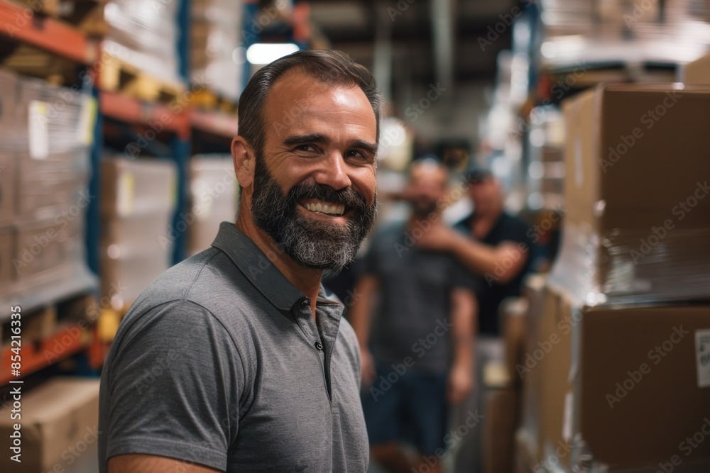 Fototapeta premium A young mixed-race American business worker holds packages in a storehouse background.