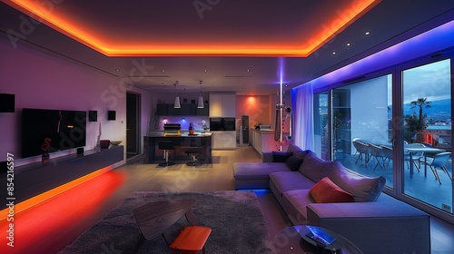 Transform your living room into a stylish nighttime haven with a sectional sofa, a sleek TV stand, and LED © jovannig