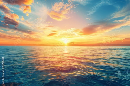 Tranquil sunset over endless ocean horizon  calm and relaxing sea view background © Mikki Orso