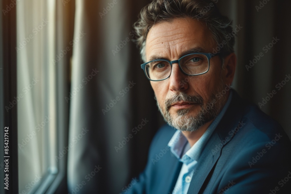 Obraz premium Portrait of a Latino CEO wearing glasses transforming leadership concepts against a blurry background