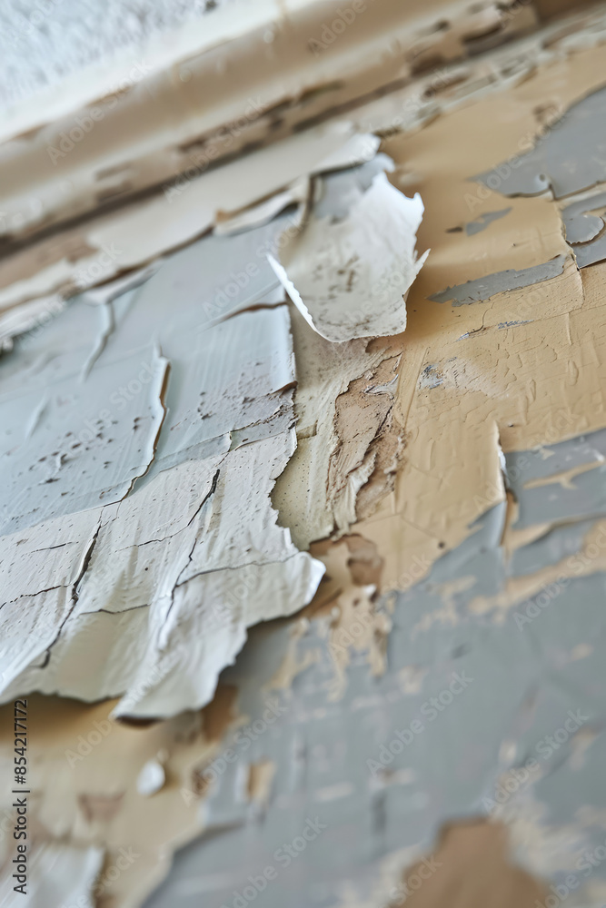 Water damage repair, damaged and stained ceiling, visible water marks, peeling paint, restoration service Water damage repair, damaged and stained ceiling, visible water marks, peeling paint, restoration service