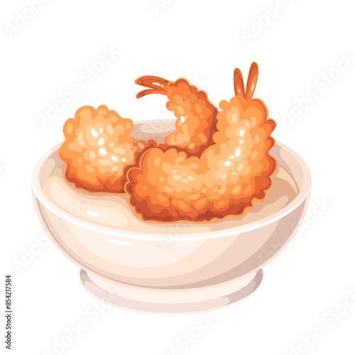 Shrimp tempura in cup of sauce, cartoon seafood for eating. Two crispy deep fried prawns in tempura dough or bread crumbs lying in white cartoon round bowl with mayonnaise dip vector illustration