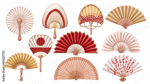 Chinese and Japanese cartoon fans set. Red, white and gold paper retro open fans collection, tradition of Japan mascots, cartoon traditional oriental souvenir and decoration vector illustration
