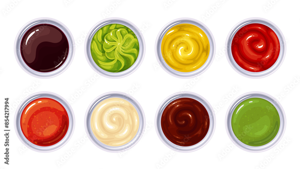 Sauce cartoon bowls set, top view. Round glass cups with tomato ketchup and barbecue, chili dip and mustard, mayonnaise and wasabi, pesto. Soy sauce and dressing for dishes cartoon vector illustration Sauce cartoon bowls set, top view. Round glass cups with tomato ketchup and barbecue, chili dip and mustard, mayonnaise and wasabi, pesto. Soy sauce and dressing for dishes cartoon vector illustration