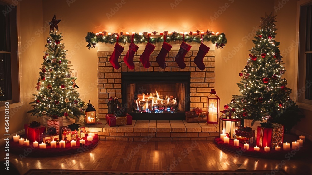 Fototapeta premium Create a cozy fireplace scene with stockings hung by the chimney, surrounded by twinkling lights and festive decorations.