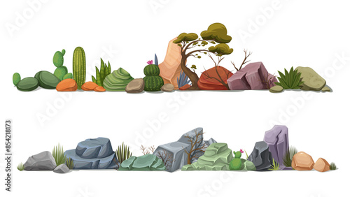 Desert vegetation and rocks, cartoon borders composition set. Bush and grass, green cactuses and trees growing in dry ground among mountain stones, cartoon desert landscapes vector illustration