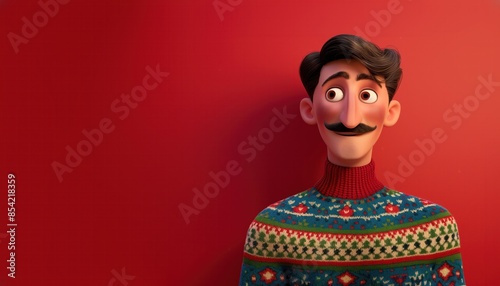 Man with dark hair and mustache, wearing a green and red Christmas sweater, against a red background.