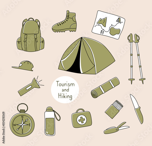 Hiking and trekking gear set doodle vector illustration. Tourist equipment items. Outdoor activities tools. Editable stroke