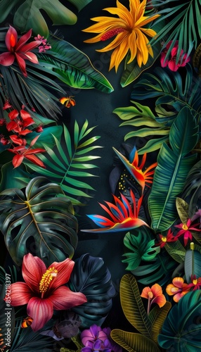 Many brightly colorful tropical plants are on a black background. Exotic leaves and flowers © Yeivaz