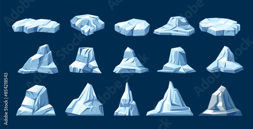 Icebergs of different shapes cartoon set. Blue frozen ice crystals and icy glacier pieces, climate and of North Pole mascot. Cartoon iceberg blocks and glacial rocks collection vector illustration