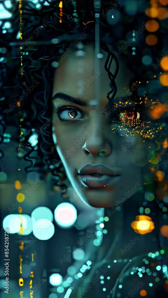 Portrait young woman with digital code overlay, data and technology integration, digital tech companies, cybersecurity and digital education