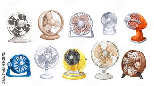 Electric table fans set, cartoon portable home or office equipment. Small ventilators cartoon collection, fans of different types and color, ventilation and air circulation mascot vector illustration