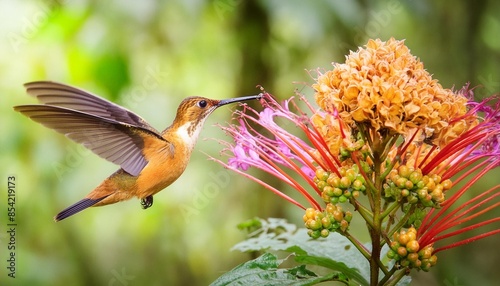 buff winged starfrontlet hummingbird coeligena lutetiae hovering next to flower feeding on nectar cloud forest ecuador photo