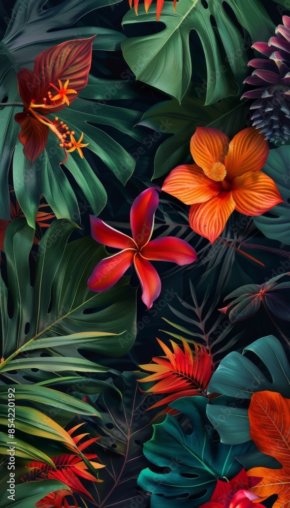 Many brightly colorful tropical plants are on a black background. Exotic leaves and flowers