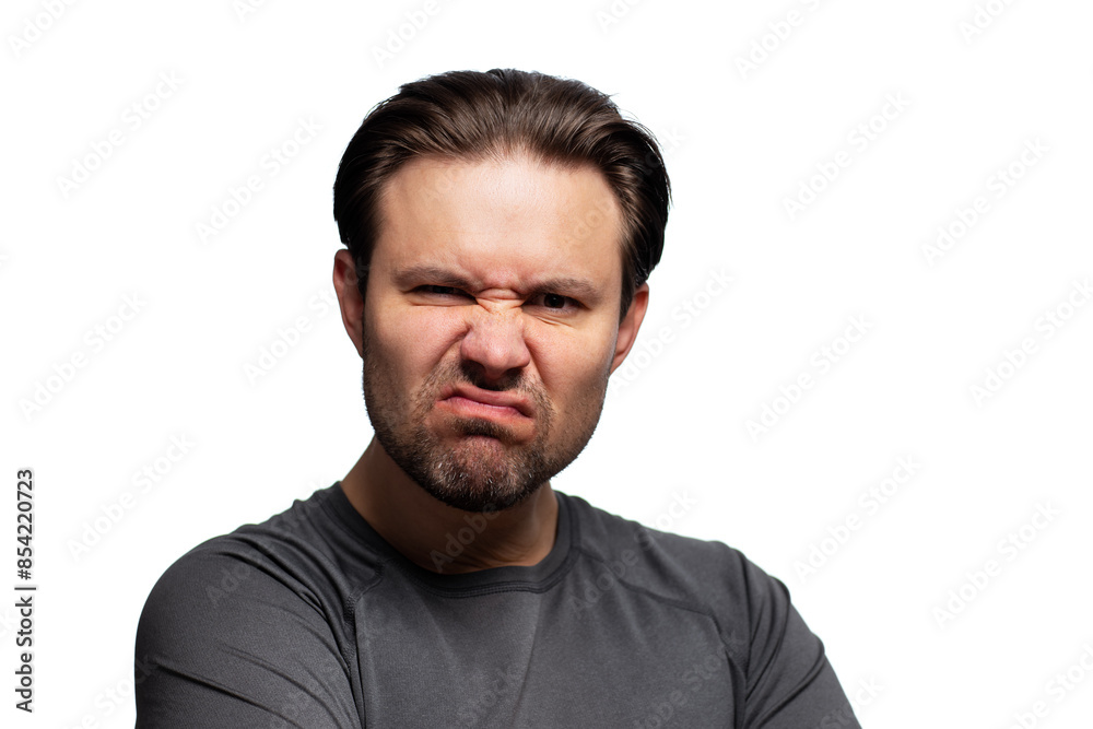 Man skeptical emotional portrait isolated on white background Man skeptical emotional portrait isolated on white background