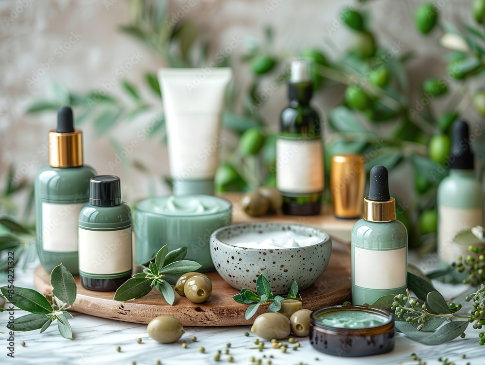 Olive oil based skincare set, including lotion, cream, serum, placed marble counter fresh olives Olive oil based skincare set, including lotion, cream, serum, placed marble counter fresh olives