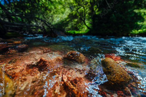 Mountain stream with clean pure water on summer day, front focus on stones