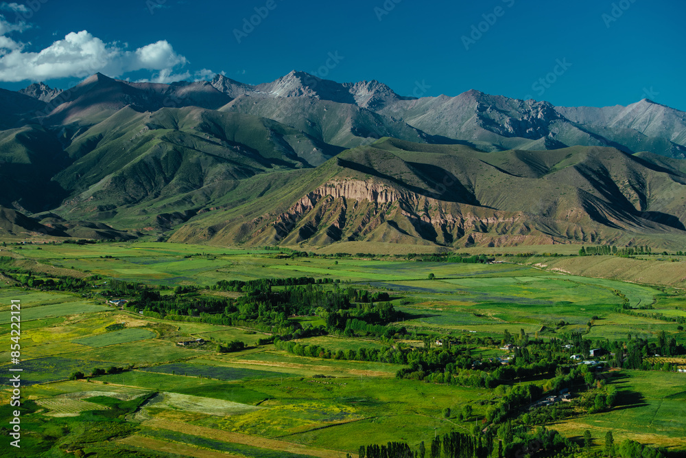 Obraz premium Picturesque mountain valley with meadows in springtime, aerial view