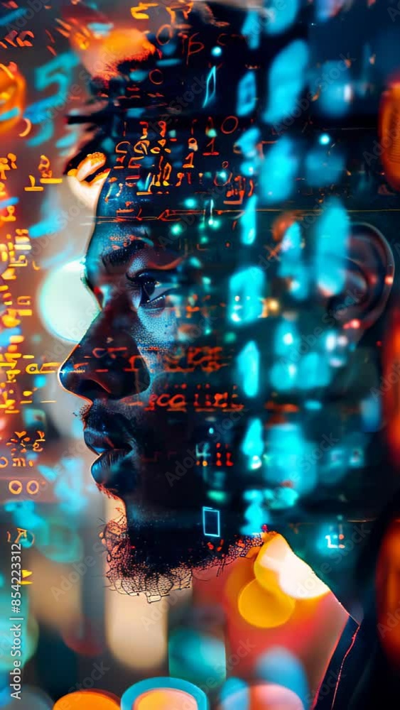 Portrait young man with digital code overlay, data and technology integration, digital tech companies, cybersecurity, and digital marketing. Portrait young man with digital code overlay, data and technology integration, digital tech companies, cybersecurity, and digital marketing.