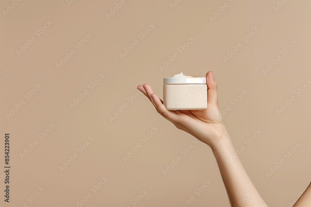 Cosmetic Cream Jar with Female Hand on Pastel Background