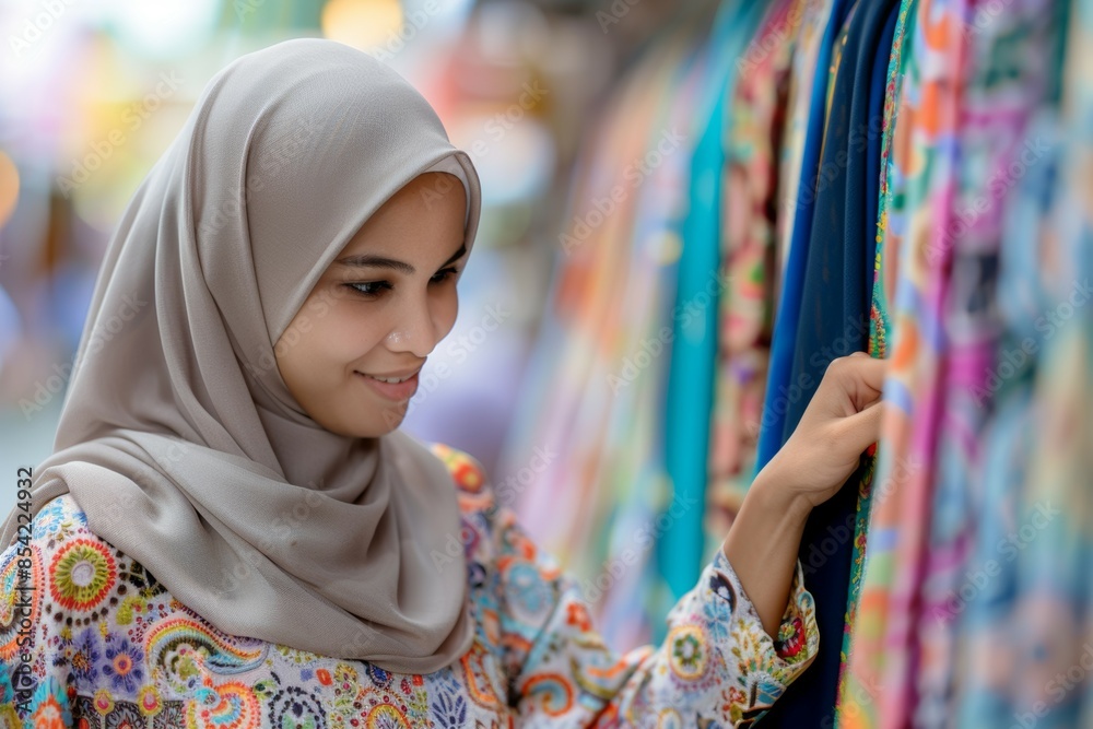 A woman wearing a head scarf is looking at a rack of colorful clothes, woman chooses textiles A woman wearing a head scarf is looking at a rack of colorful clothes, woman chooses textiles