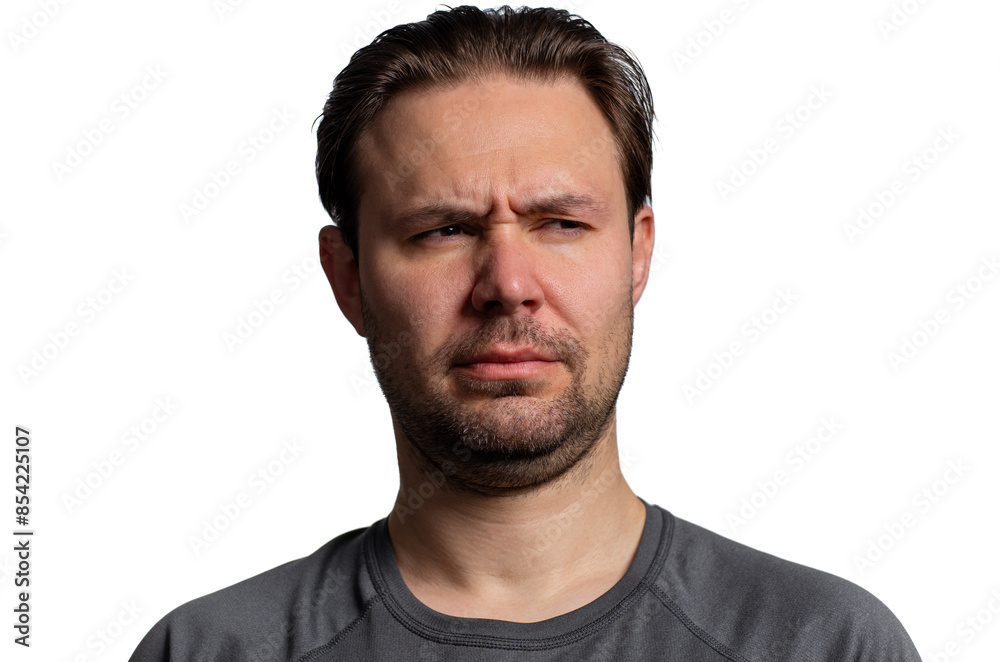 Man skeptical portrait isolated on white background Man skeptical portrait isolated on white background