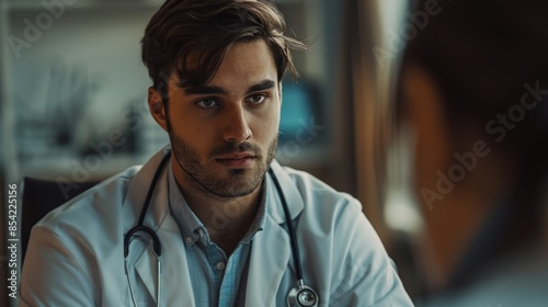 A doctor discussing big problems with his patient in the background of a hospital during an exam photo