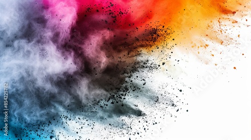 This is a dynamic explosion of rainbow ore dust and black ore with a white background depicting LQBTQ+ pride month. photo