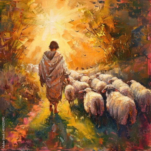 Jesus walking alongside a flock of sheep with the sun shining overhead Jesus walking alongside a flock of sheep with the sun shining overhead