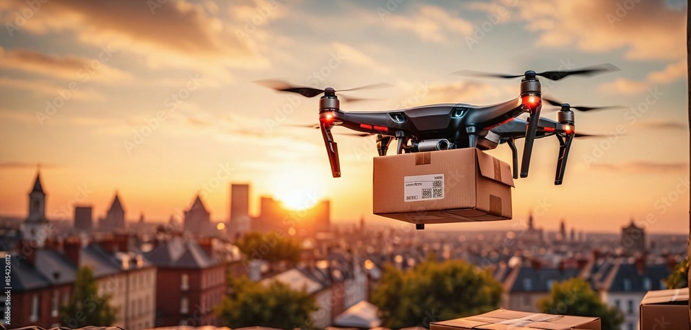 Conceptual presentation of an intelligent parcel drone that will deliver shipments by air in the future and speed up the logistics and transportation of mail items Conceptual presentation of an intelligent parcel drone that will deliver shipments by air in the future and speed up the logistics and transportation of mail items